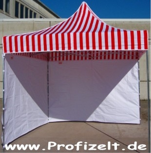 Abgebildet : Express-Profi Pavillon - Faltzelt - 3,0x3,0m Gestell  ca. 43kg verzinkt , Plane 230g/qm High-Tech Polyester , Farbe Rot-Weiss gestreift , Abgebildetes Zubehr : 2 Stck Seitenwnde 3,0x2,0m High-Tech Polyester 230g/qm , Farbe Weiss